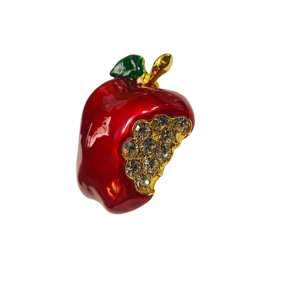 Vintage Brooch Shiny Apple Red Enamel Gold Tone Rhinestone Premier Designs